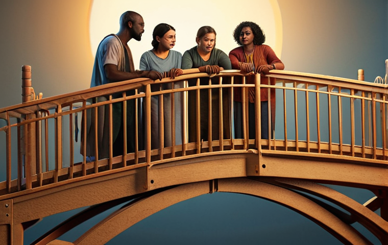 **
"Diverse group of people building a bridge together, symbolizing radical empathy and understanding, warm lighting, multicultural environment, unity."
**