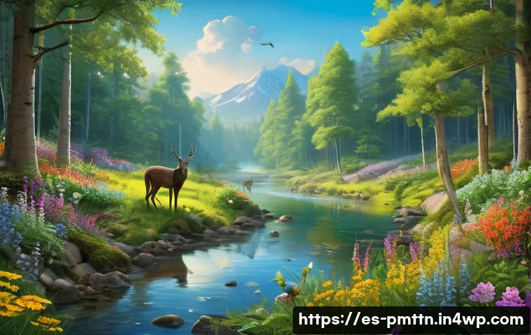 다종 공존 윤리 모델과 인권 - A vibrant, detailed forest scene illustrating the complex interdependence among species: lush green ...