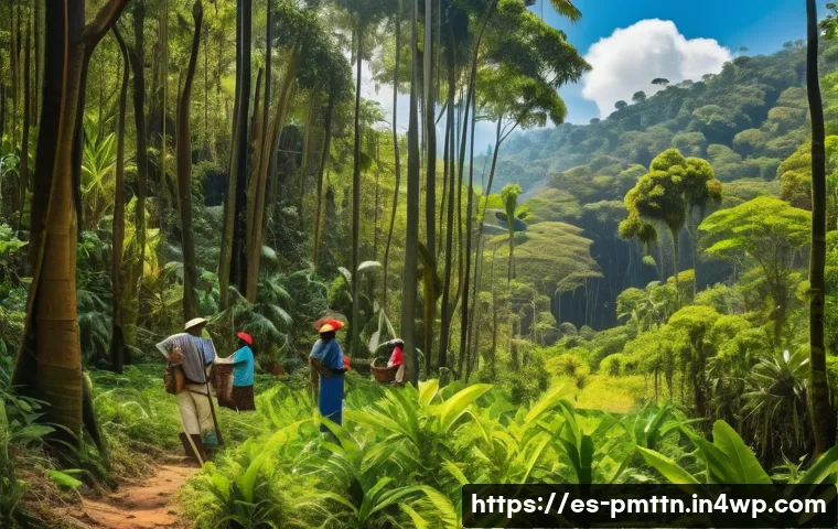 다종 공존 윤리 모델과 생물 다양성 보호 - A vibrant community-led forest conservation scene in a Latin American tropical environment, featurin...
