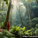 다종 공존 윤리 모델의 역사적 배경 - A vibrant Amazon rainforest scene showing indigenous people respectfully interacting with animals an...