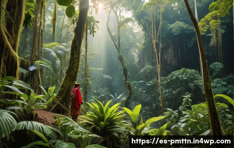 다종 공존 윤리 모델의 역사적 배경 - A vibrant Amazon rainforest scene showing indigenous people respectfully interacting with animals an...