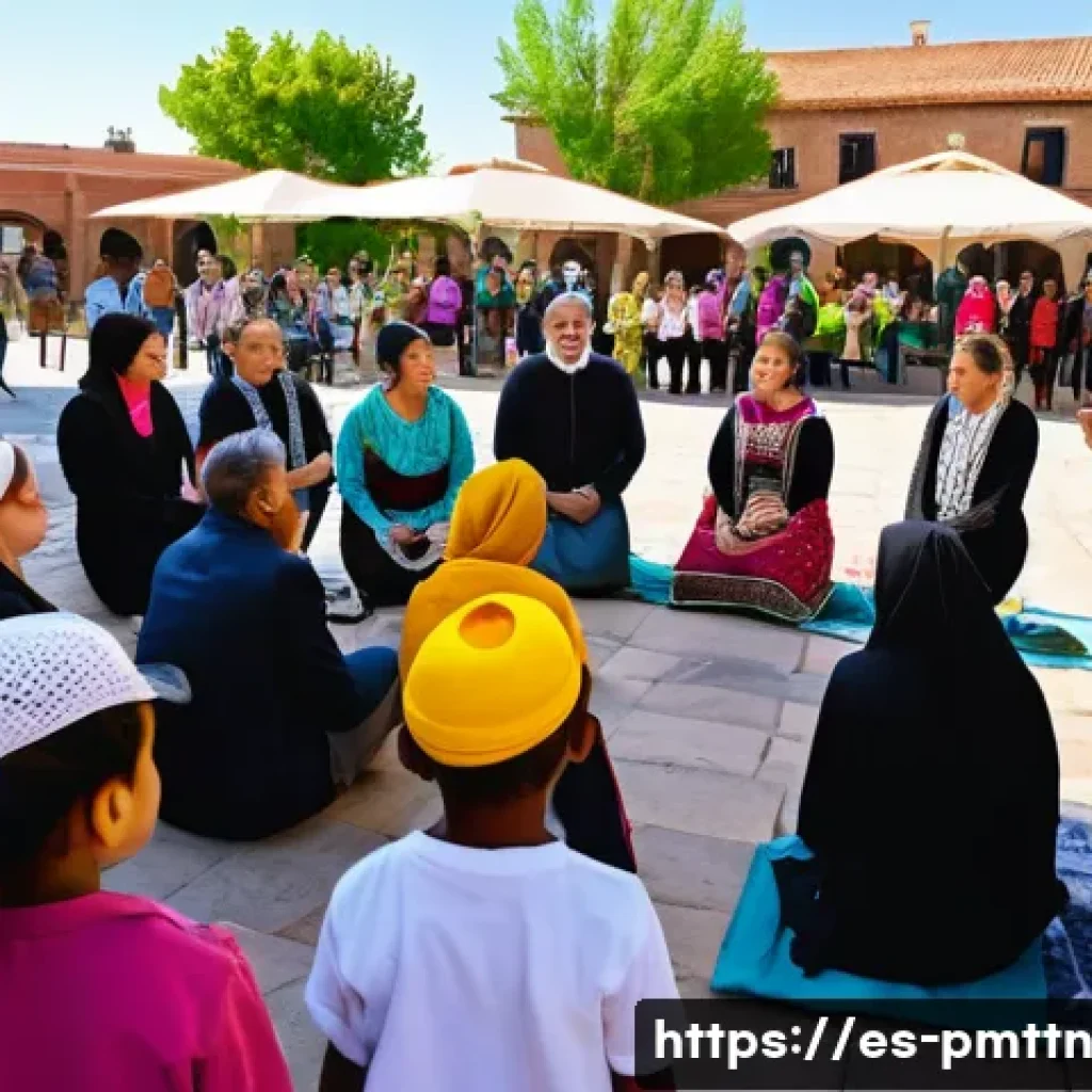 다종 공존 윤리 모델의 차별적 접근 - A vibrant community dialogue circle outdoors in a sunny Spanish plaza, featuring diverse adults and ...