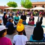다종 공존 윤리 모델의 차별적 접근 - A vibrant community dialogue circle outdoors in a sunny Spanish plaza, featuring diverse adults and ...