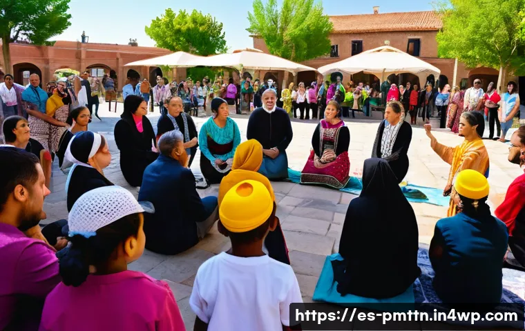 다종 공존 윤리 모델의 차별적 접근 - A vibrant community dialogue circle outdoors in a sunny Spanish plaza, featuring diverse adults and ...