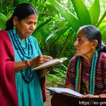 다종 공존 윤리 모델의 참여적 방법론 - A vibrant community workshop in a rural Latin American village, featuring diverse indigenous people ...