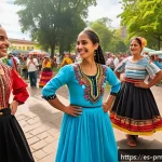 다종 공존 윤리 모델의 사회적 실험 - A vibrant urban park scene in a Latin American city during a multicultural festival, showcasing dive...