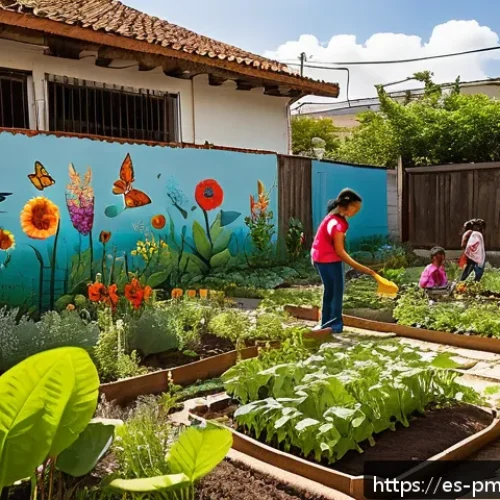 다종 공존 윤리 모델의 효과적인 홍보 전략 - A vibrant urban community garden in a Spanish-speaking neighborhood in Latin America, filled with di...