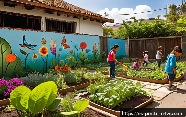 다종 공존 윤리 모델의 효과적인 홍보 전략 - A vibrant urban community garden in a Spanish-speaking neighborhood in Latin America, filled with di...