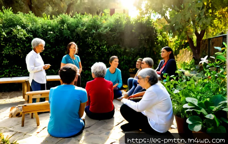 다종 공존 윤리 모델과 리더십의 변화 - Photorealistic community leadership meeting in a sunlit urban garden in Barcelona, a diverse group o...
