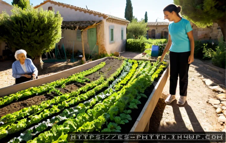 다종 공존 윤리 모델의 미래 과제 - Photorealistic wide-angle scene in a sunlit Spanish Mediterranean community garden, an elderly woman...
